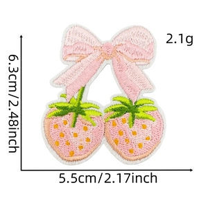 Close-up of pink strawberry bow embroidery patch with precise dimensions 6.3x5.5cm