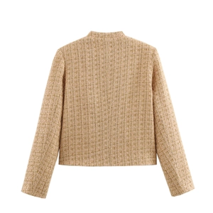 Back view of a chic beige tweed jacket for women featuring high-quality woven texture