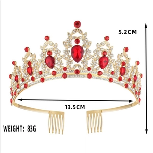 Golden bridal crown with red rhinestones showing dimensions 5.2cm height and 13.5cm width