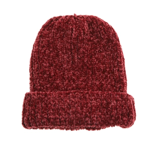 Solid burgundy chenille knit beanie hat for women featuring a warm thick texture