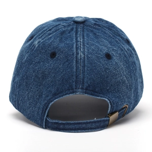Rear view of washed denim baseball cap with adjustable metal buckle on white background