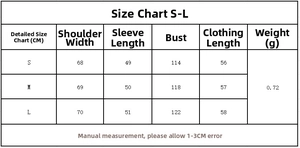 Detailed size chart for women's bomber jacket with S-L measurements and garment weight info
