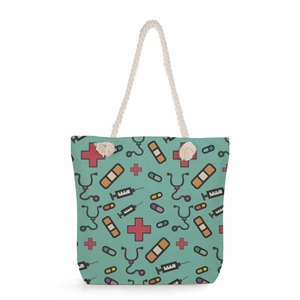 Nurse themed canvas tote bag with thick rope handles and colorful medical icons print