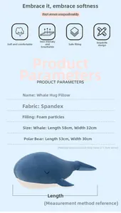 Detailed view of blue whale plush pillow made of soft spandex with foam bead filling