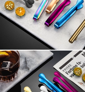 Detailed close-up of 304 stainless steel ice tongs and spoons in multiple metallic finishes