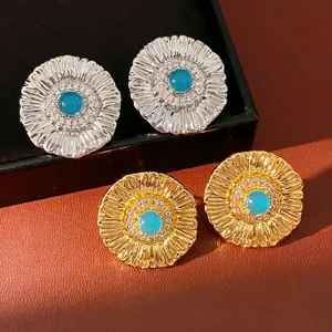 Vintage Sunflower Round Stud Earrings Copper With Zircon Synthetic Turquoise And Silver Earring Post For Women Retro