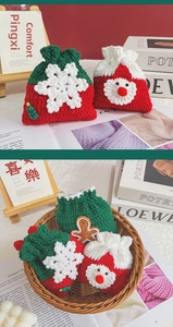 Detailed knit texture of handmade Christmas drawstring gift bags with snowflake designs