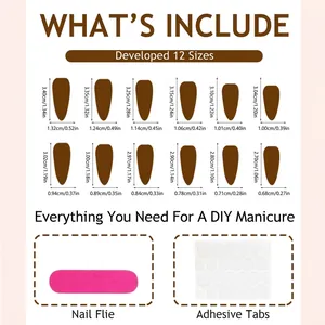 Size guide for long almond leopard print press-on nails with 12 sizing measurements