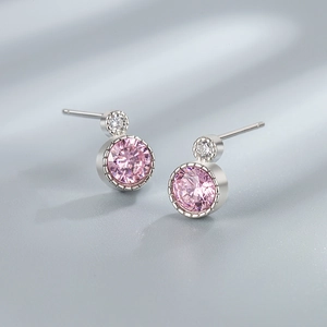 Pink zircon heart of ocean S925 sterling silver studs on gray silk background