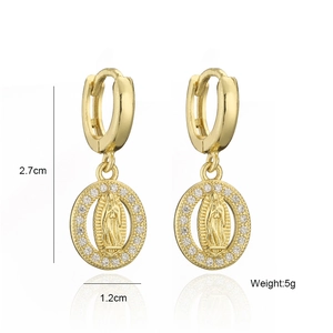 Classic gold Virgin Mary hoop earrings with micro-pave zirconia in geometric oval design