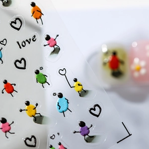 3D embossed nail stickers featuring colorful minimalist hand-drawn figures and hearts