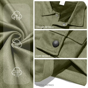 Detail view of olive green jacket fabric showing collar cuffs and stitching quality