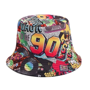 Retro double-sided graffiti bucket hat with 90s vintage style back to the 90s print