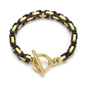 Bracelet byzantin en acier inoxydable doré et noir avec fermoir à bascule en T classique