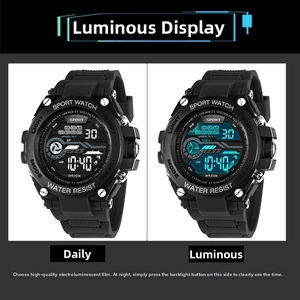 Detailed view of digital sports watch with luminous display and stopwatch features
