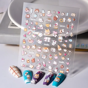 5D Embossed Nail Stickers Cute Cartoon Bear Rabbit Dessert Pattern Self Adhesive DIY Manicure Decals Waterproof Decoration
