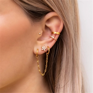 S925 sterling silver gold ear cuff set with flower studs and chains for women