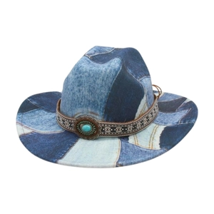 Vintage western cowboy hat with blue patchwork print and turquoise buckle decoration