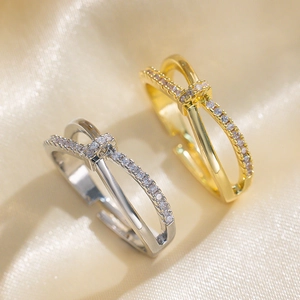 Cross Knot Micro Pave Zircon Ring Double Layer Adjustable Open Copper Jewelry For Women Elegant