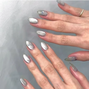 Silver Cat Eye Press On Nails Blue Bow Almond Shaped ABS Artificial False Fingernails Glossy Elegant Manicure For Women