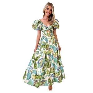 Böhmisches Maxikleid mit Blumenmuster, Puffärmeln und Taillenausschnitt in Grün-Blau