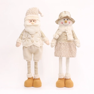 65cm telescopic Christmas Santa and Snowman fabric figurines in beige and gold tones