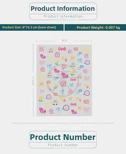 Detail of 5D cute cartoon nail stickers with colorful patterns and dimensions info