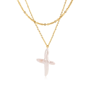 Gold double-layered necklace featuring a cross-shaped baroque pearl pendant on a slim chain