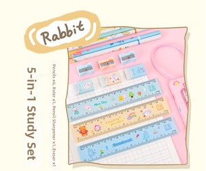 5-in-1 stationery set with pencils, 15cm ruler, eraser and sharpener in pastel colors