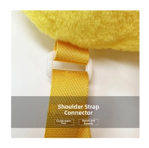 Detail of yellow plush backpack with durable woven strap and adjustable white buckle