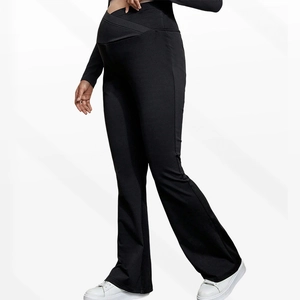 Detail of high waist maternity flared leggings with V-shaped tummy support in black