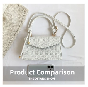 Macro detail of white textured crossbody bag showing size comparison with a smartphone