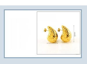 Detail showing 18K gold-plated teardrop earrings with hammered texture and dimensions