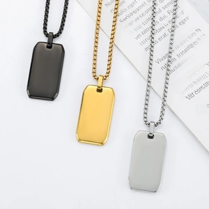 Polished stainless steel rectangular dog tag necklaces in black, gold, and silver finishes