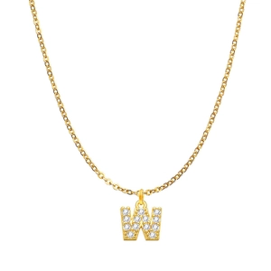 Detail of gold chain necklace with a crystal-studded letter W pendant on white backdrop