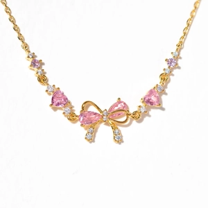Bow Heart Charm Bracelet Copper With Pink Zircon 14K Gold Plated Sweet Jewelry For Women Valentine Gift