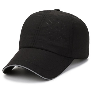 Breathable black quick-dry baseball cap with laser-cut perforations and reflective trim