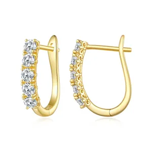 U-shaped S925 sterling silver gold earrings with round white zircon and hollow pattern