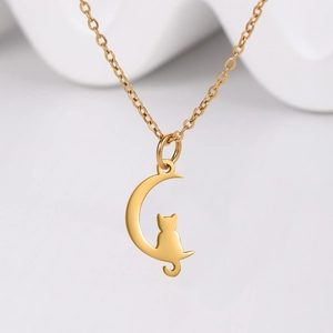 Gold stainless steel necklace with minimalist crescent moon and cat silhouette pendant
