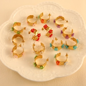 Chic 18K gold plated stainless steel C-shaped earrings with colorful beads set