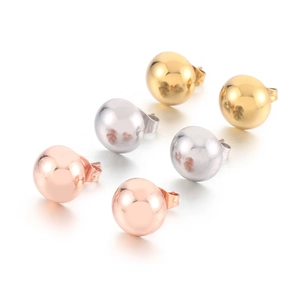 Three pairs of polished stainless steel ball stud earrings in rose gold, silver, and gold