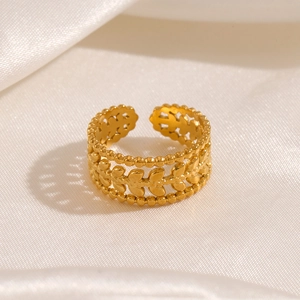 Three-layer 18K gold plated stainless steel olive leaf open ring on white silk fabric