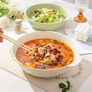 Cream ceramic large double-handle soup bowl set with high capacity in minimalist style