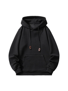 Men Waffle Knit Hoodie Pullover Loose Fit Solid Color Kangaroo Pocket Streetwear Casual Solid Hooded Sweatshirt