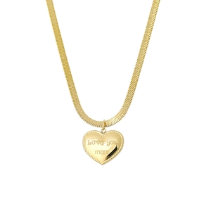 Golden heart pendant necklace with Love You more engraving on a sleek snake chain