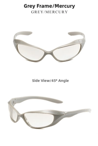 Detail view of Y2K futuristic grey sunglasses with silver mercury lenses from a side angle