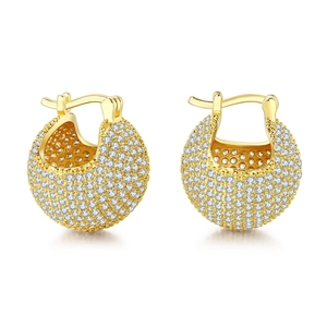 Detailed view of gold-plated hoop earrings with micro-pave white cubic zirconia stones