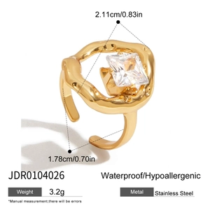 Detailed dimensions of gold stainless steel ring with square zircon and lava style band