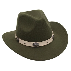 Detail of olive green felt cowboy hat with white band and vintage engraved buckle