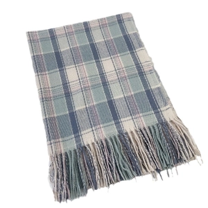 Plaid cashmere-like scarf for women with tassels in teal and pink tones on white background